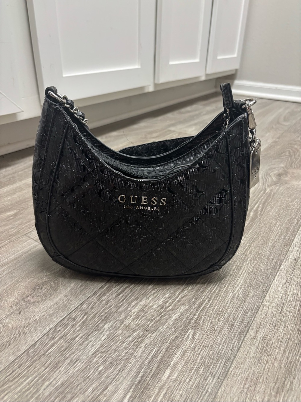 GUESS Black Logo Monogram Quilted Shoulder Bag Silver Chain Hobo Purse